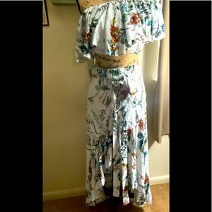 Two Piece Set. Ruffle one sleeve crop top with high waist,high low,wrap skirt.